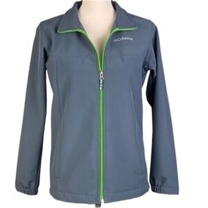 COLUMBIA grey with lime green zipper soft shell wind/water resistant, Large. EUC